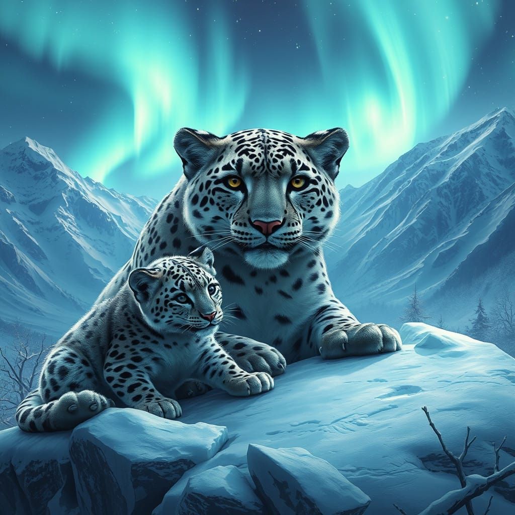 Mother and Snow Leopard Cub in Mystical Aurora Landscape