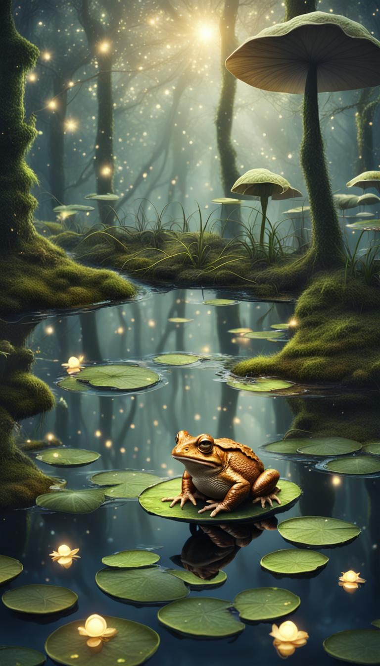 Toad Surveys Lush Forest Wonderland Under Twinkling Fairy Li...