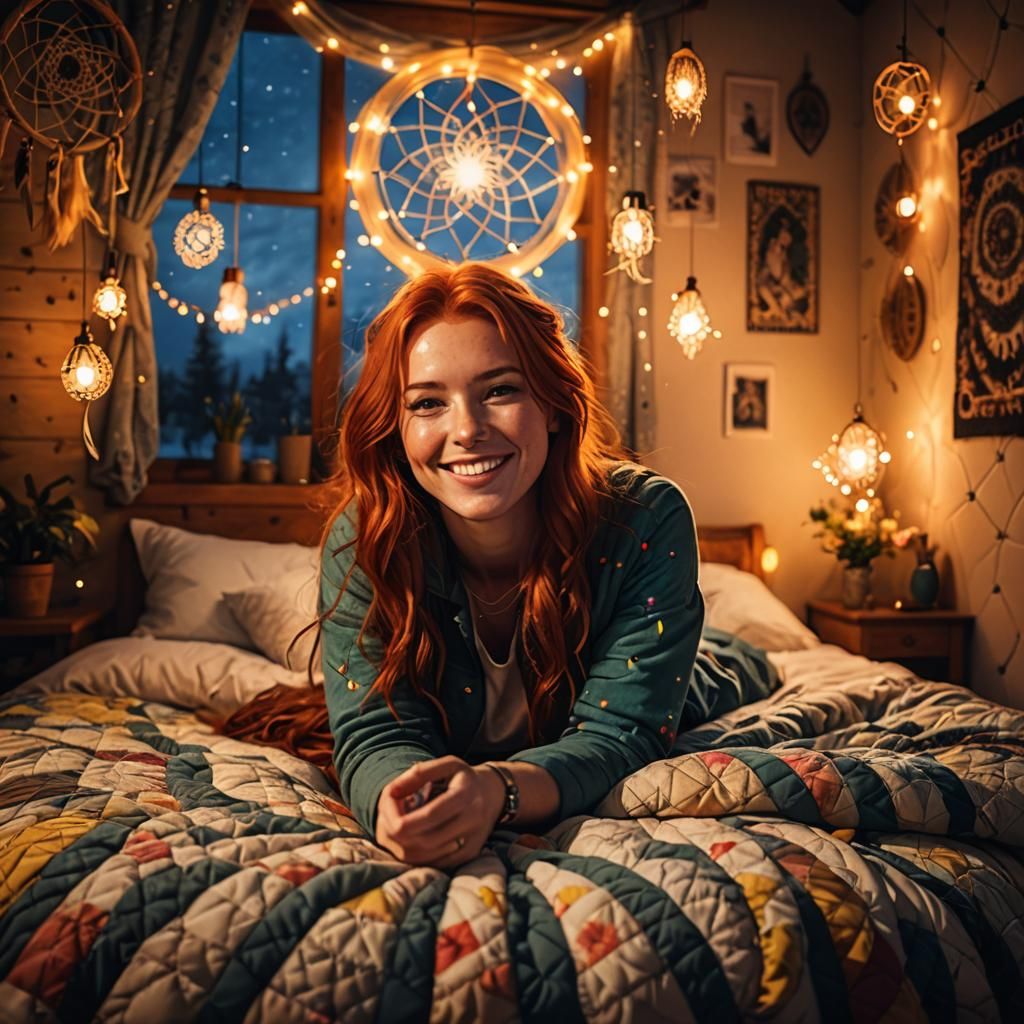 Cozy Dreamcatcher Interior with Glowing Redhaired Girl