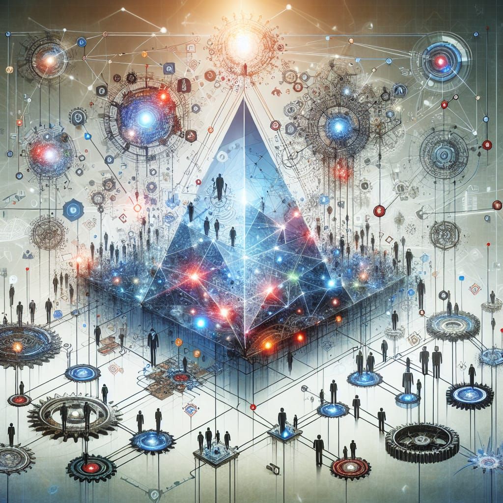 Intricate Network Infographic with Crystal Pyramid