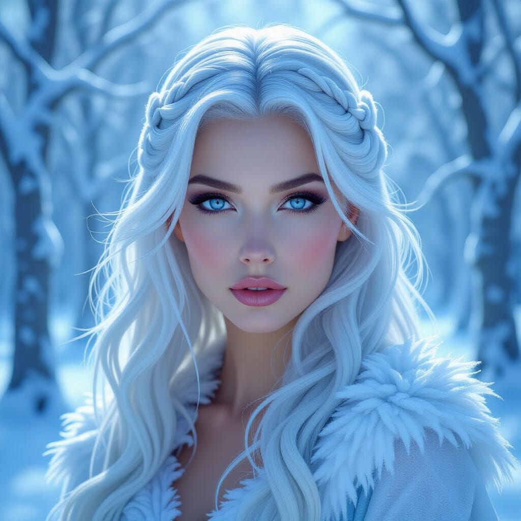 Majestic Ice Goddess in Frosted Winter Forest