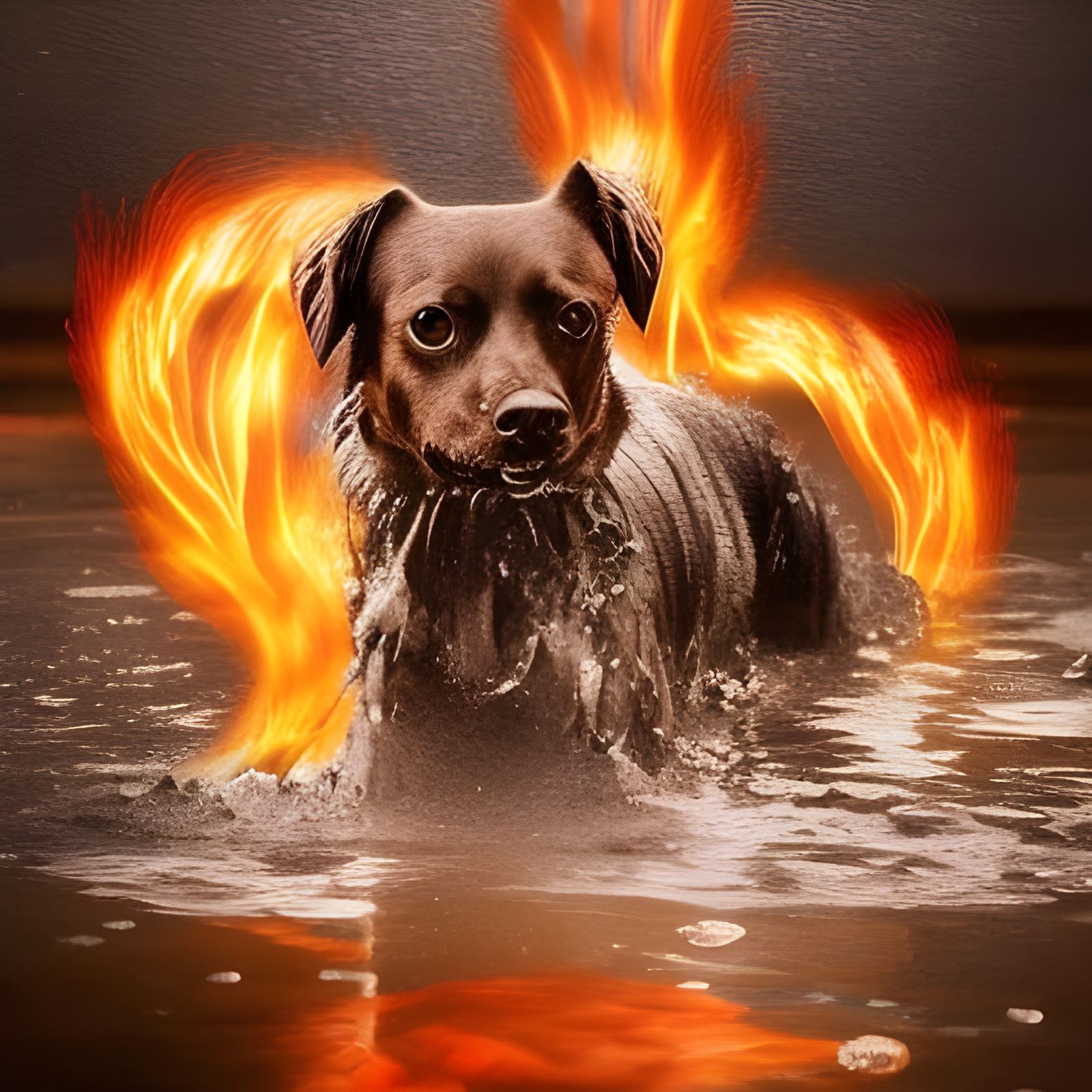 Epic Flaming Water Dog in Digital Matte Painting Style