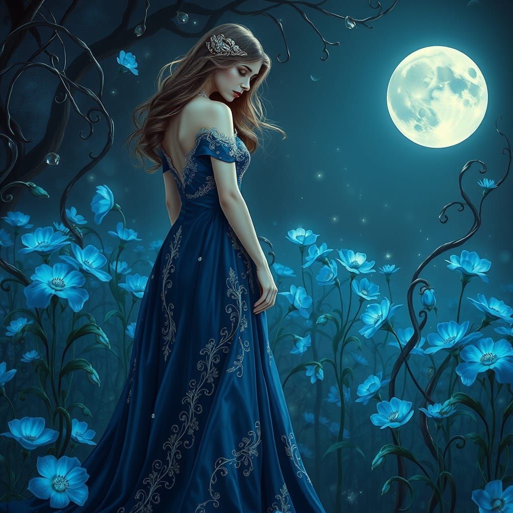 Moonlit Garden Woman in Art Nouveau Style