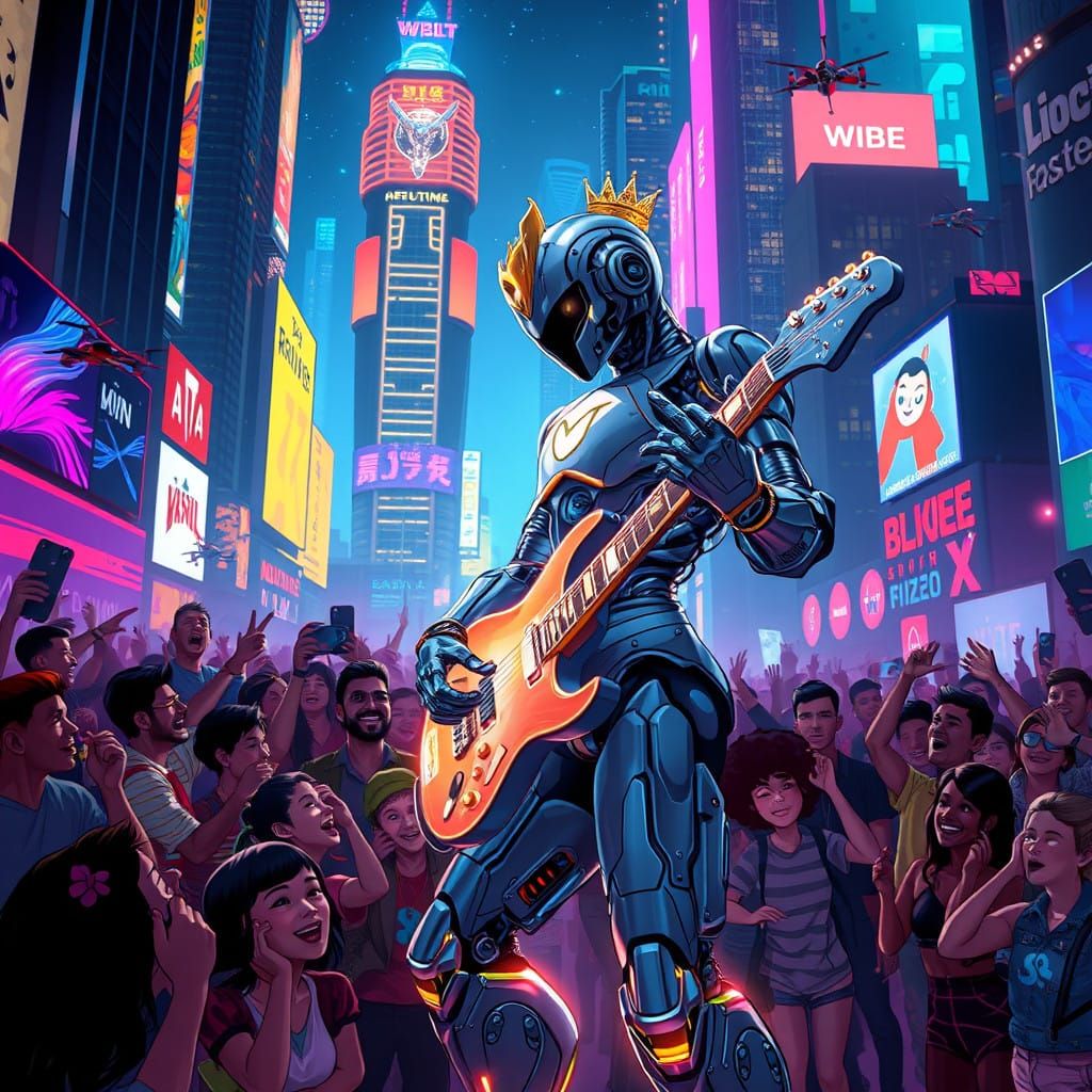 Robot Rockstar in a Neon Futuristic Cityscape