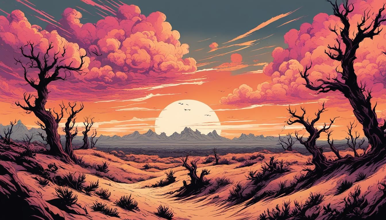 Dramatic Patagonian Desert Landscape in Vintage Comic Style