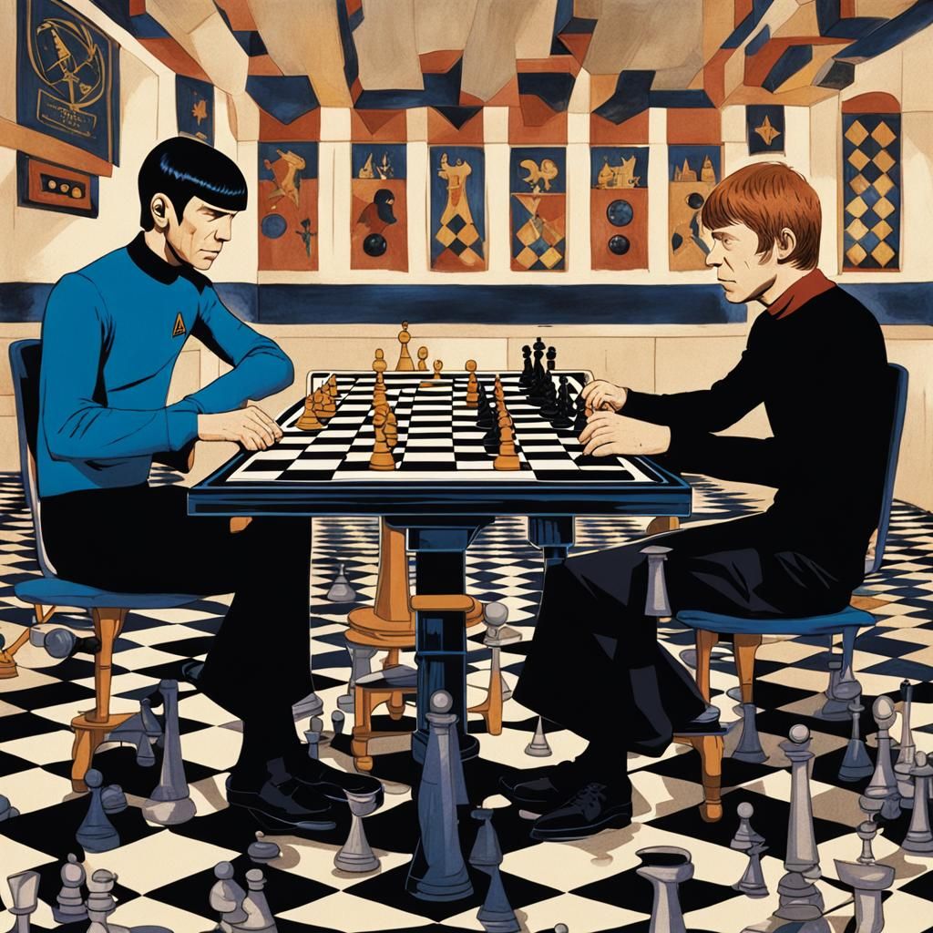 Spock plays 3D chess with Ron Weasley in the Enterprise mess...