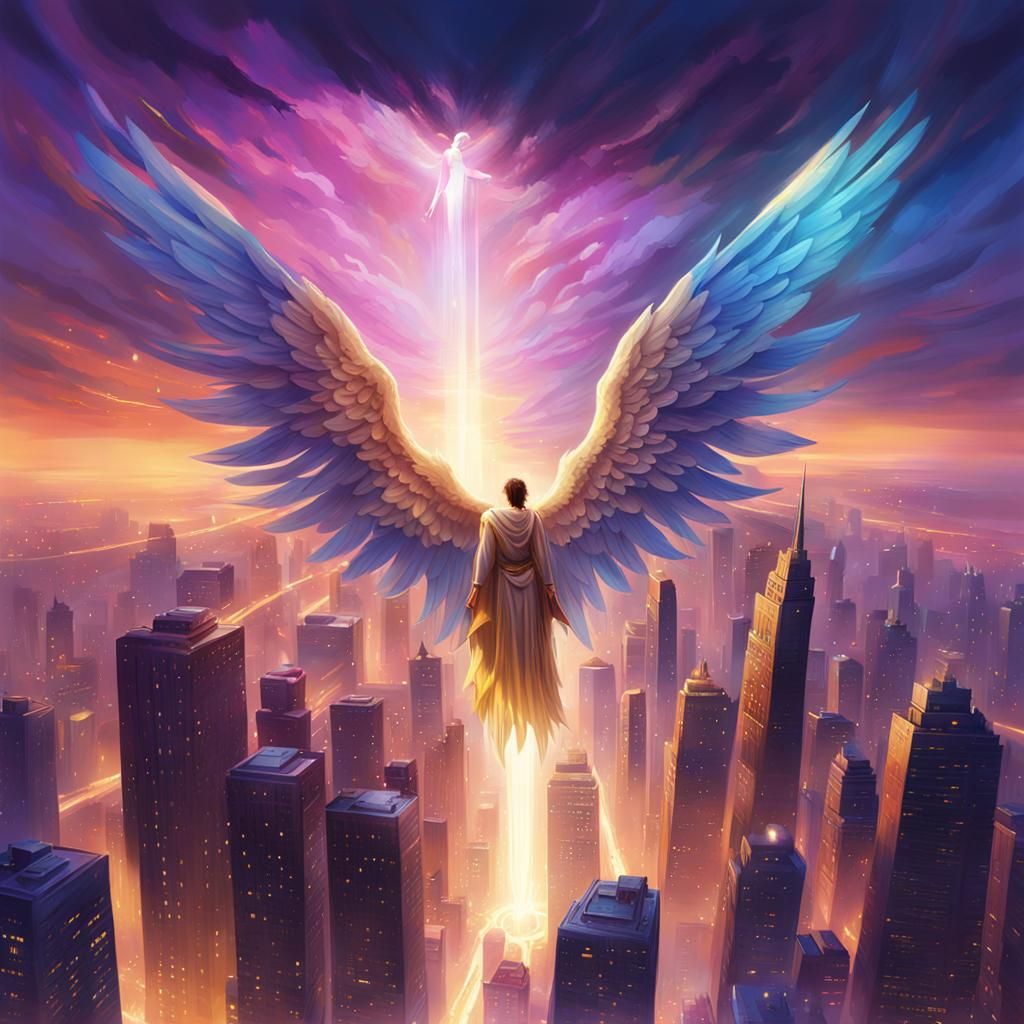 Majestic Angel Overlooks Surreal Cityscape in Cosmic Concept...