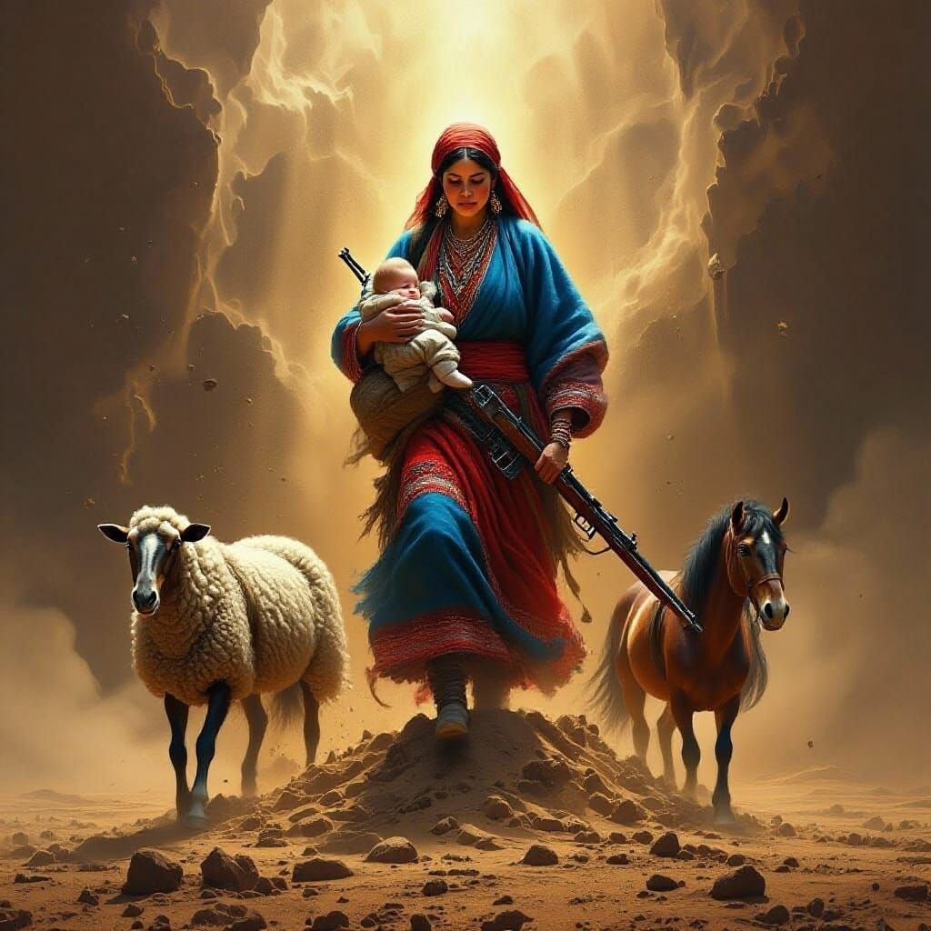 Nomadic Woman Ascends Dangerous Mountain in Dramatic Style