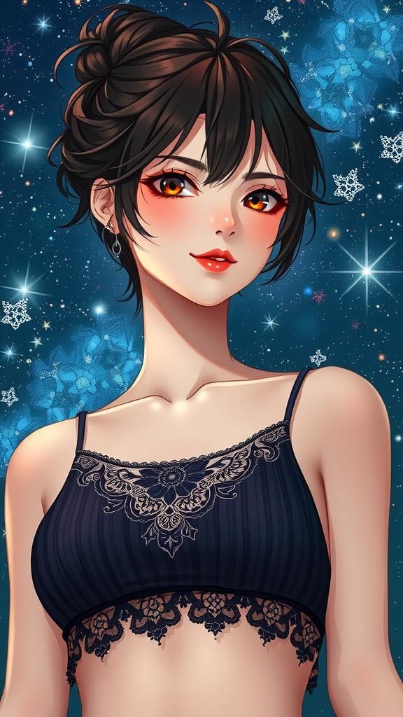 Enchanting Anime Woman Under Kaleidoscopic Night Sky