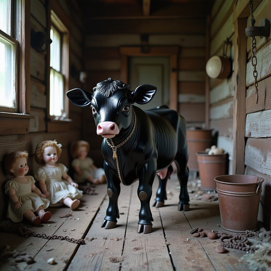 Surreal Two-Headed Calf in Abandoned Cabin