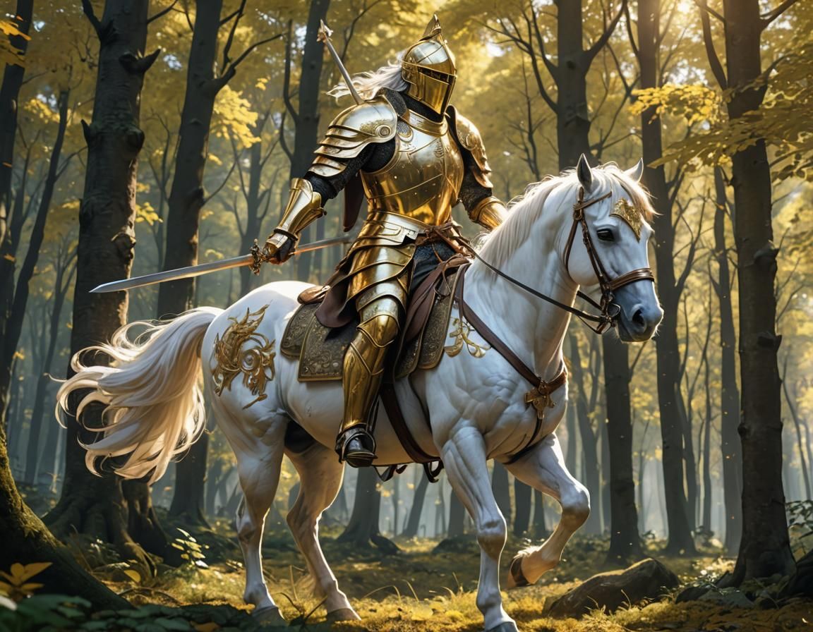 Medieval Warrior on Majestic White Steed in Golden Armor