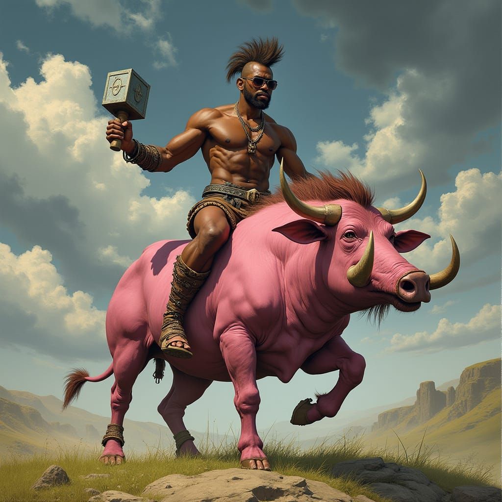 Warrior Rides Hog with Hammer in Digital Art Style