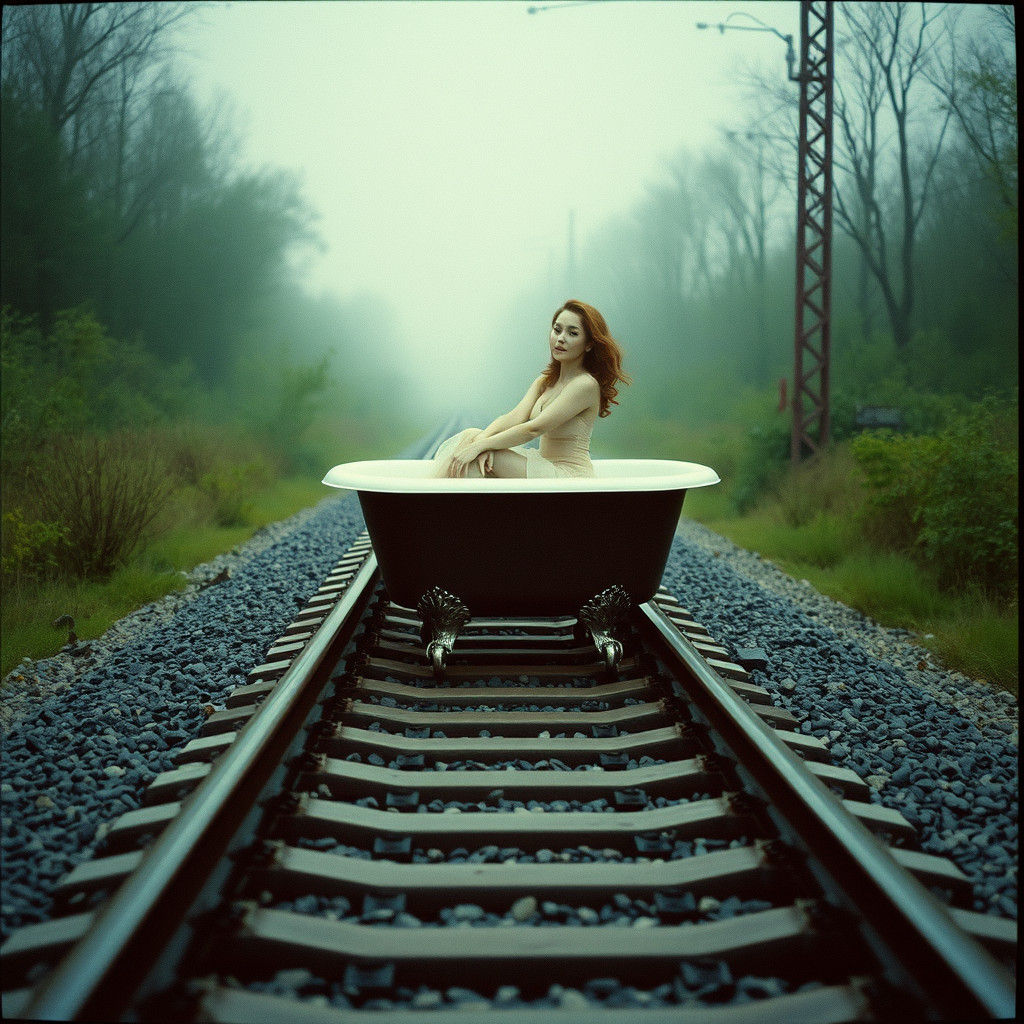 Surreal Woman Rides Bathtub on Train Tracks in Cinematic Fil...