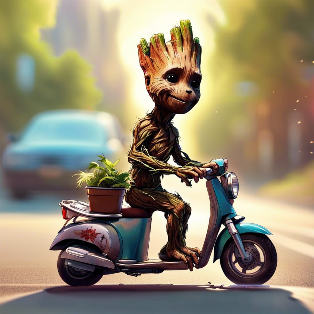 Groot on a Scooter