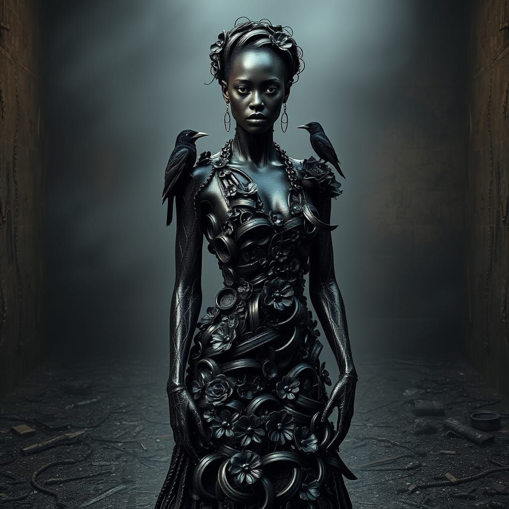 Surreal Goddess Born from Tire Ashes in a Dark, Dreamlike Re...