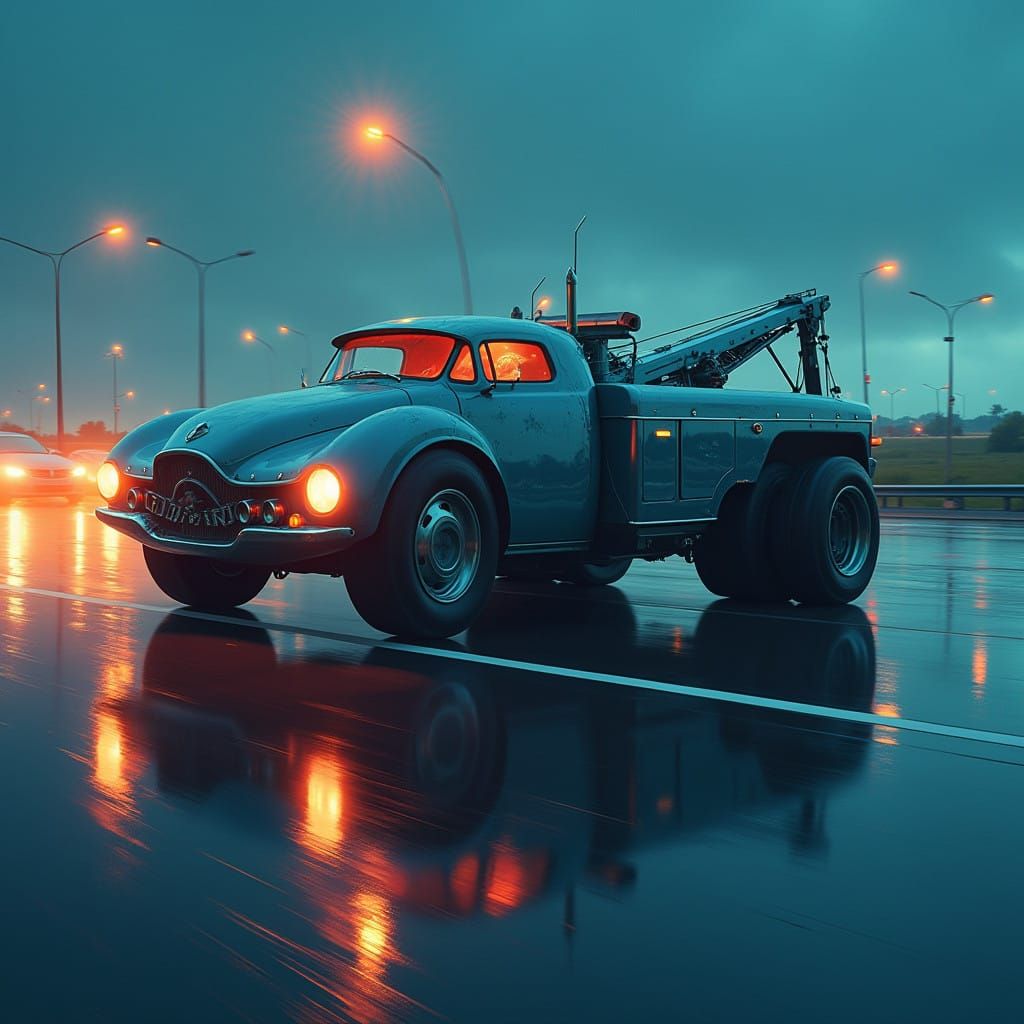 Retro-Futuristic Tow Truck Speeds Down Neon Highway
