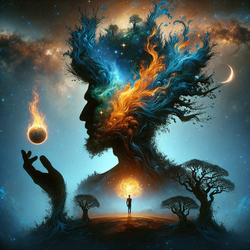 Surreal Portrait of a Hispanic Man in a Galaxy with Trees Gr...