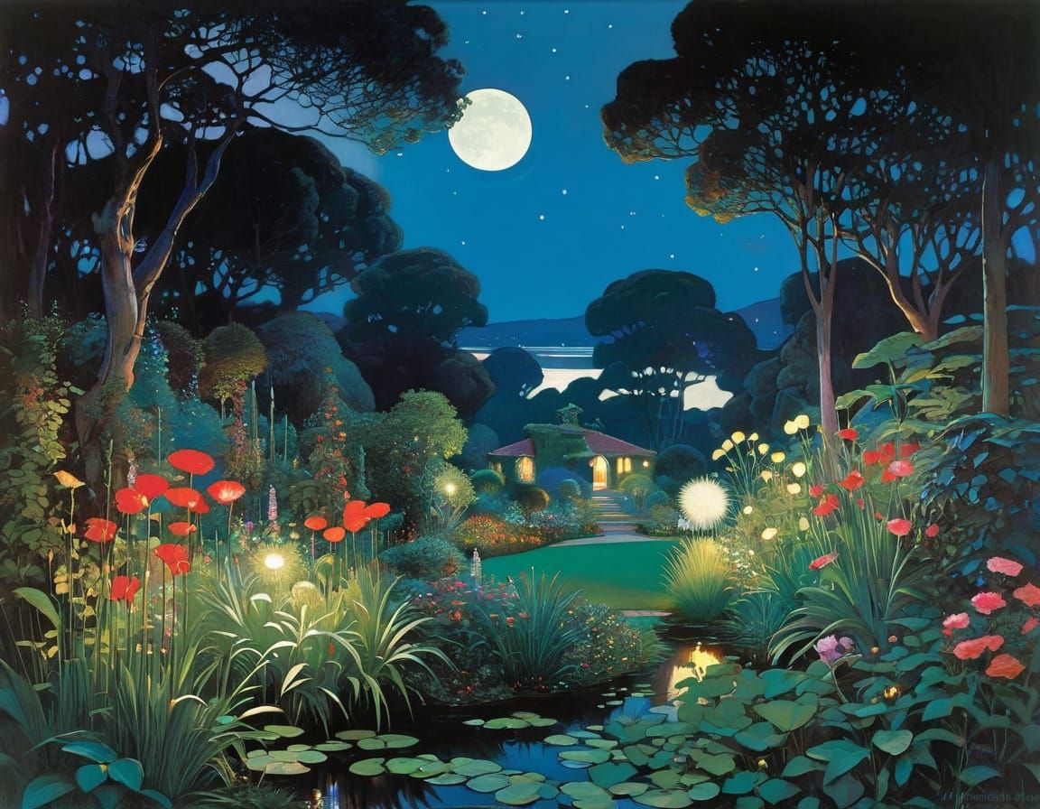 Enchanting Night Garden in Pre-Raphaelite Style