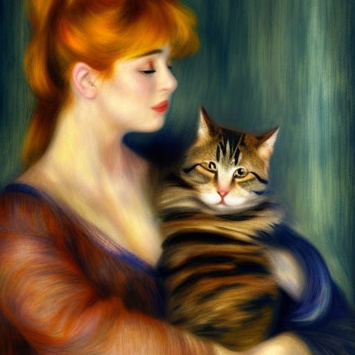 Lady Among Whimsical Cats in Vibrant Renoir-Inspired Dreamsc...