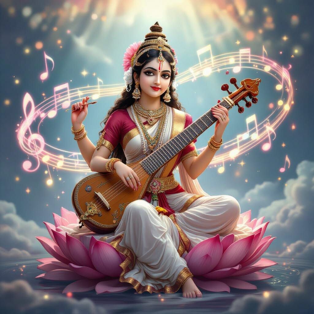 Divine Saraswati Plays Veena in Celestial Music Realm