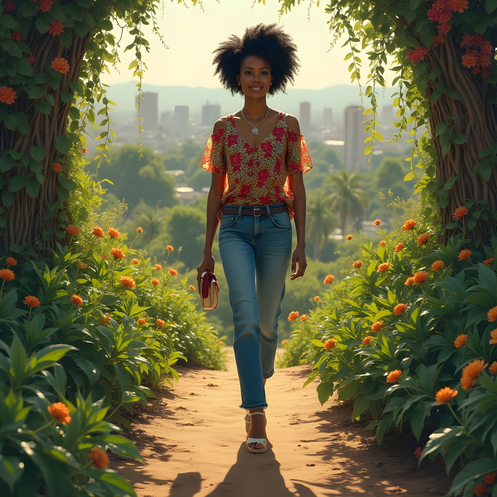 Afrofuturist Woman Walking in Nairobi Garden