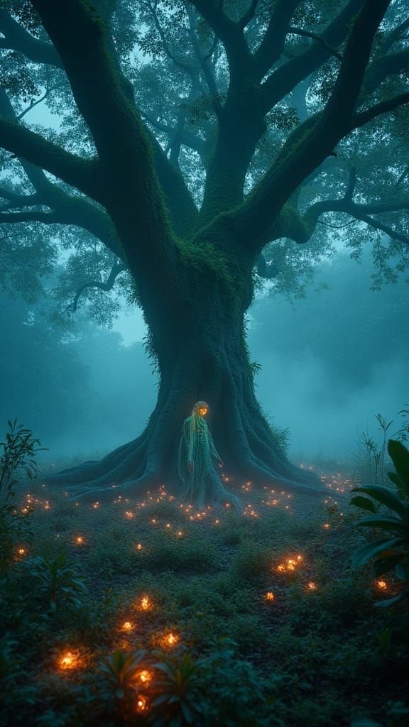 Explorer Absorbed by Glowing Jungle Tree