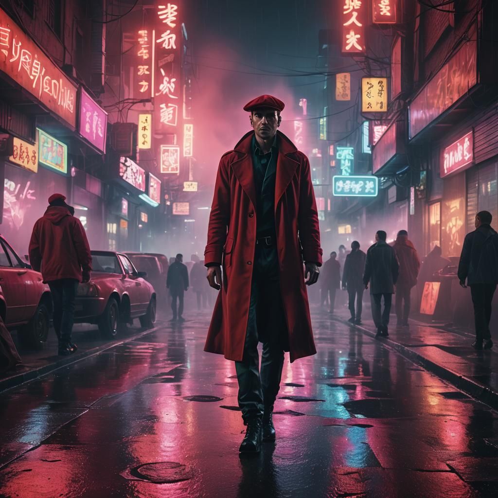 Cyberpunk Cityscape with Rick Sanchez in Neon-Lit Street