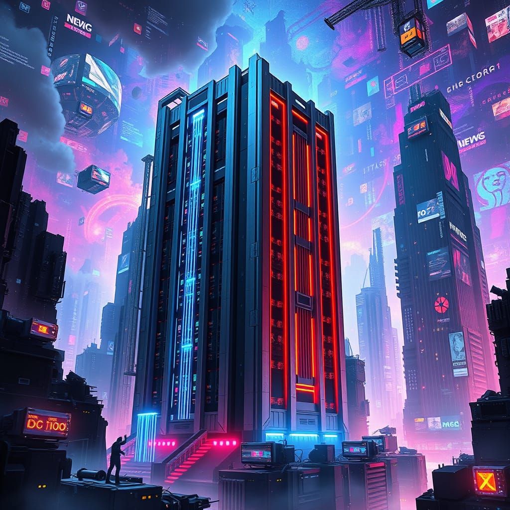 Sentient Server Rack Guards Cyberpunk City with Neon Lights
