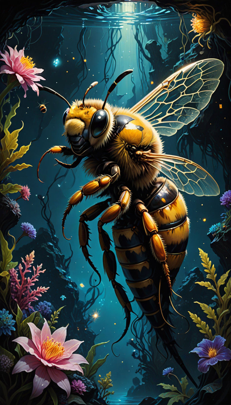 Glowing Tetris Sea Creature in a Celestial Abyss with Japane...