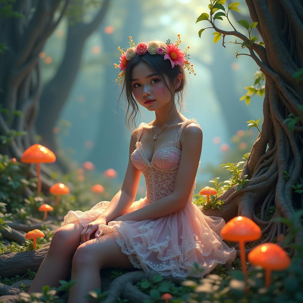 Whimsical Fantasy Fashion Model in Lush Dreamscape