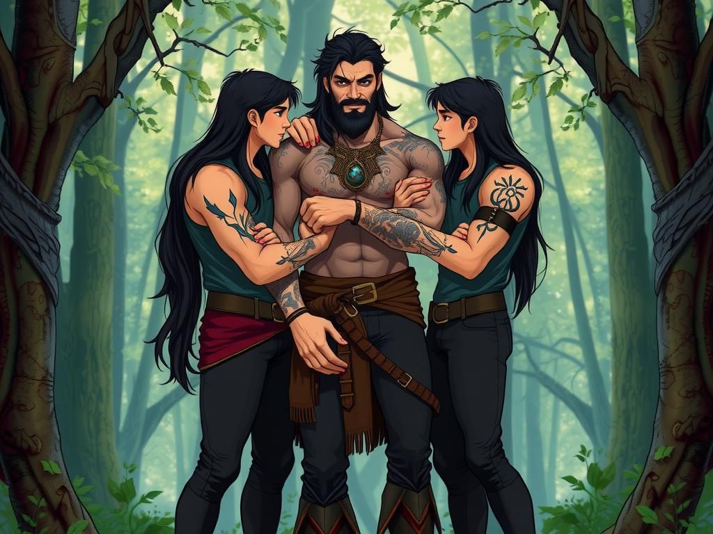 Strong Witch Father Embracing His Twin Sons in a Fantasy For...