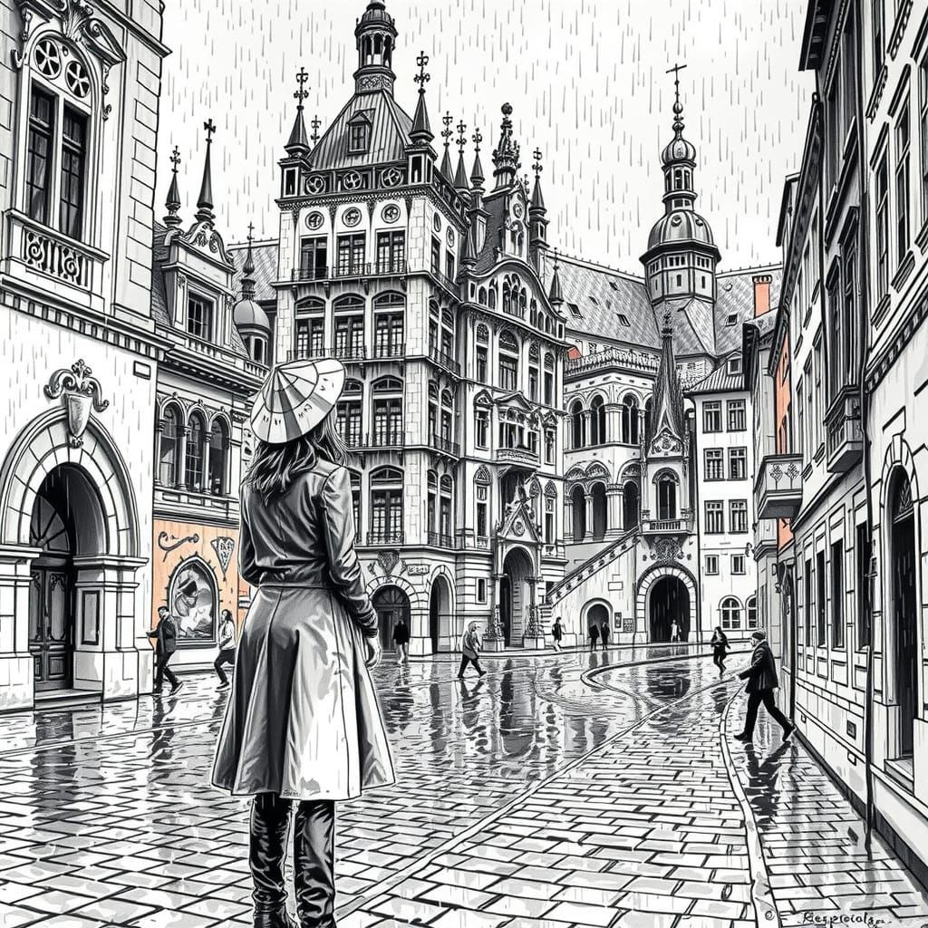 Woman Amidst Prague's Historic Architecture in Vibrant Cubis...