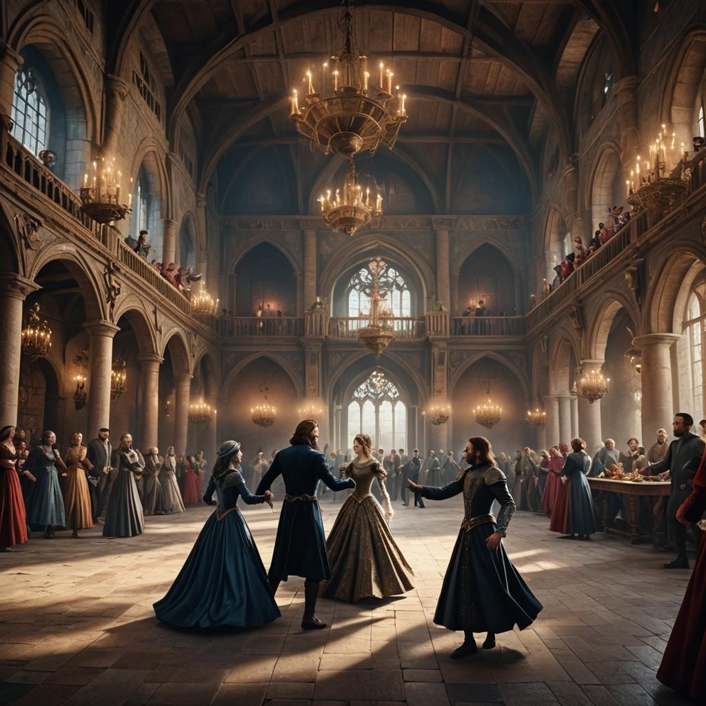 Elegant Nobles Dance in a Majestic Medieval Masquerade