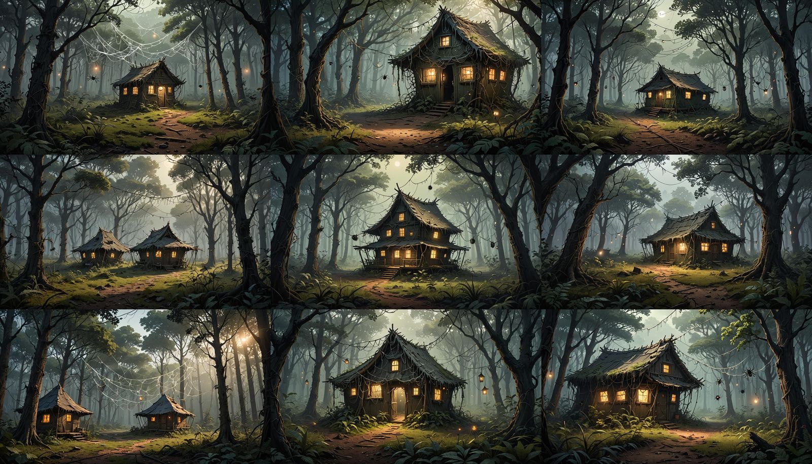 Quiet Forest Scene with Mystical Creatures and Ancient Hut