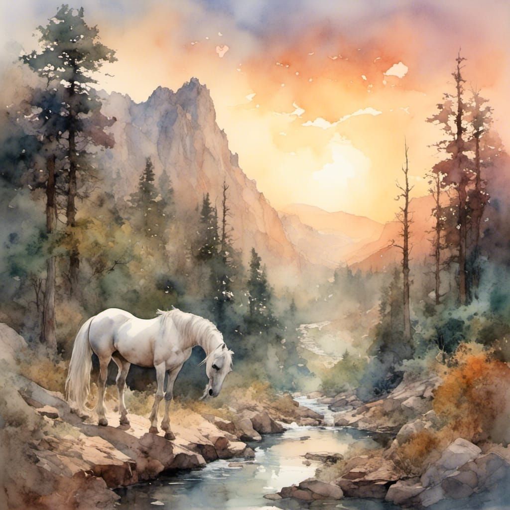 Whimsical Watercolor Sunset Scene with Horse and Forest