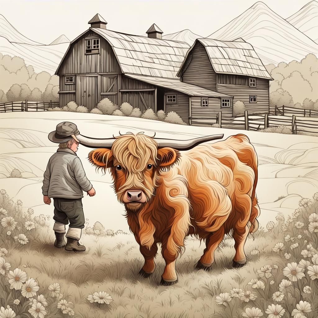 Surreal Highland Cow Encounter in a Vibrant Farm Landscape