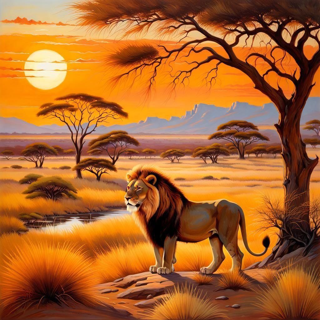 Regal Lion Dominates Golden Savanna Landscape