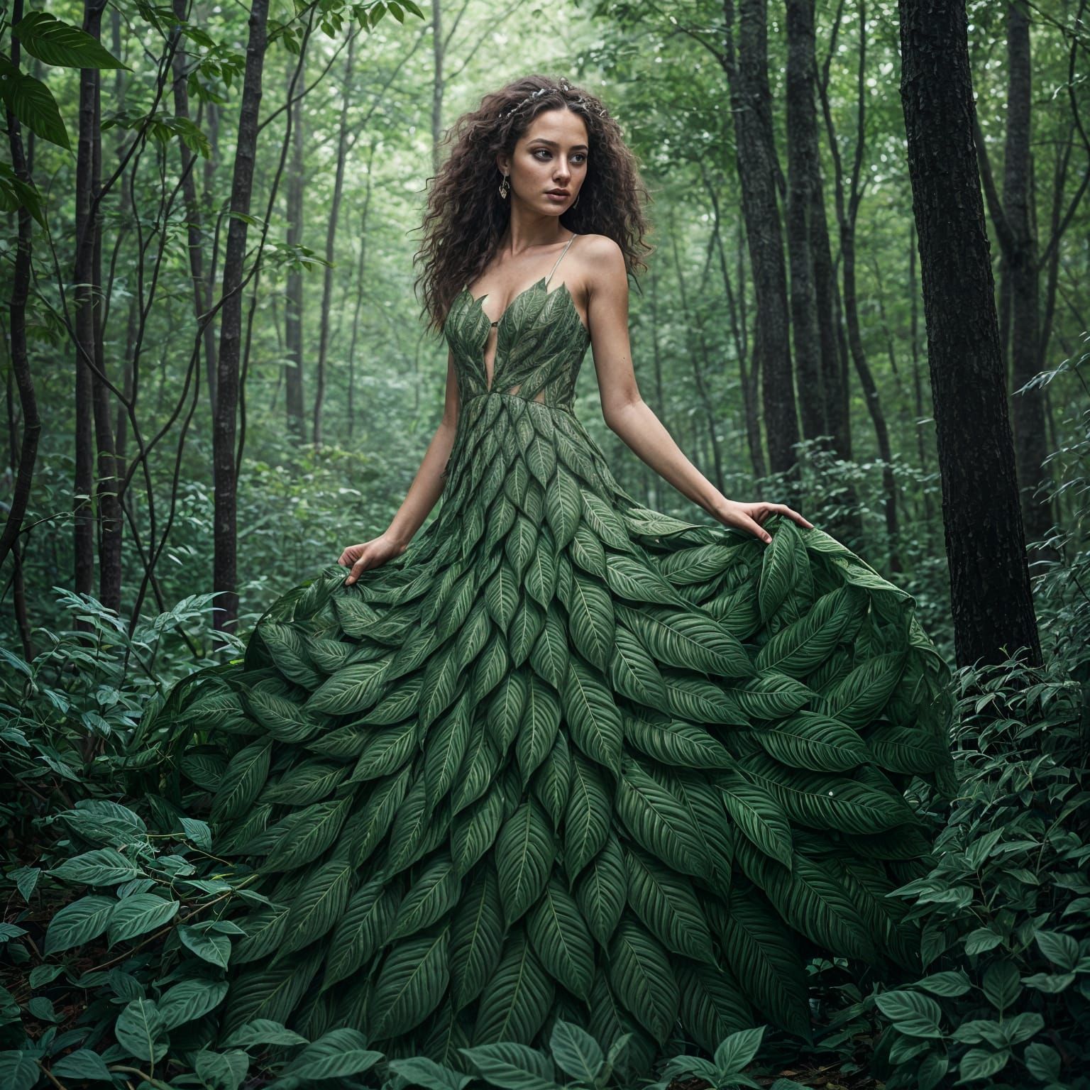 Hyperrealistic Woman in Leaf Dress in Forest