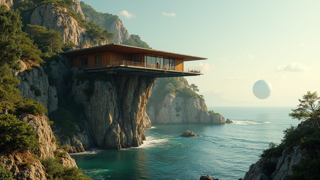 Cliffside Home on Terraformed Planet in Cinematic Style