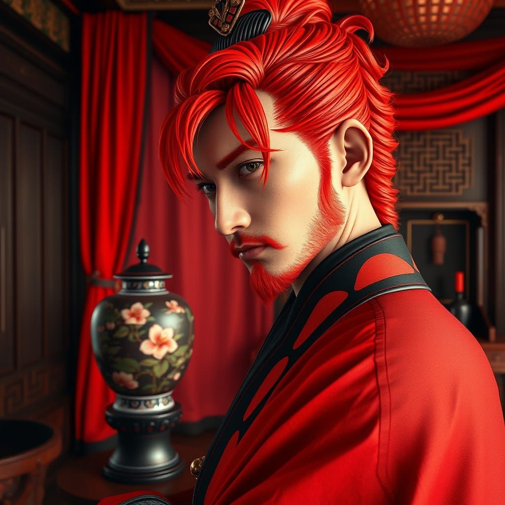 Samurai Portrait in Opulent Chinese Interior