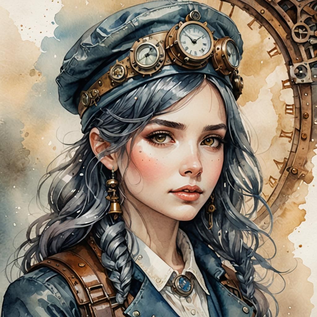 Steampunk Watercolor Portrait of a Charming Girl with Titani...