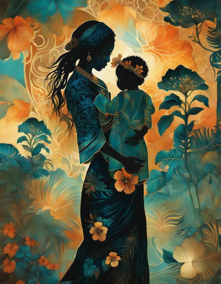 Mother and Child in Vibrant African Batik Illustration
