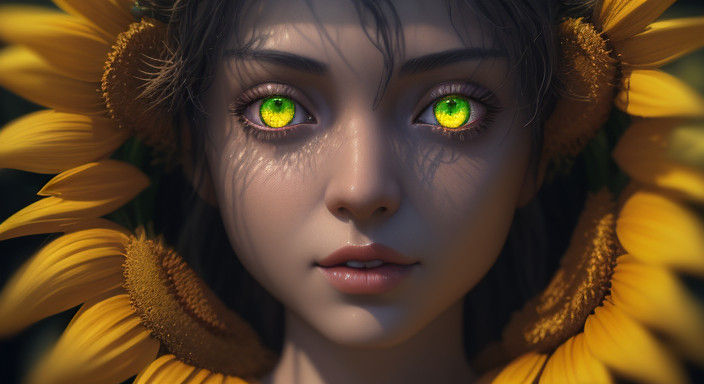 Desolate Cityscape with Glowing Sunflower Goddess