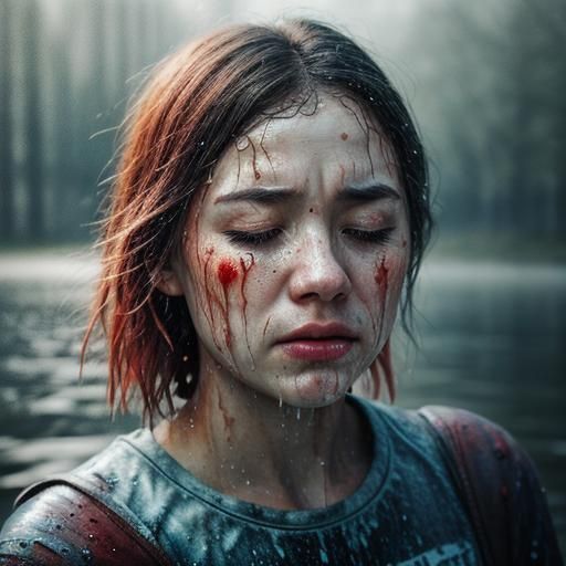 Hyperrealistic Tears Fall Like Rain in a Warmly Lit Portrait