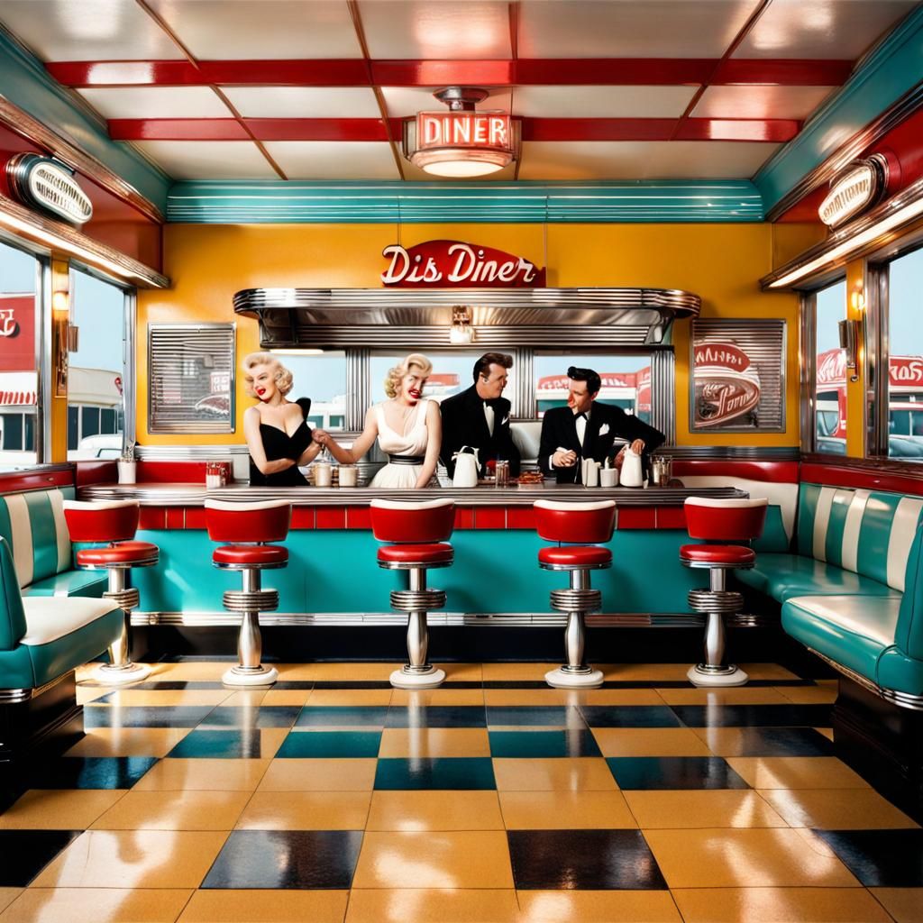 Retro American Diner Scene Featuring Hollywood Icons