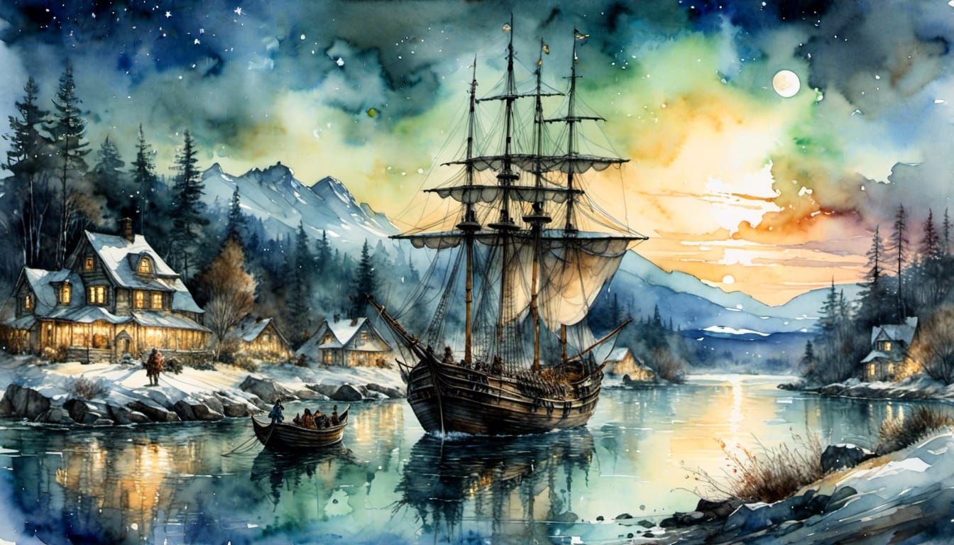 Fantasy Starcraft Sails Over Glowing Night River