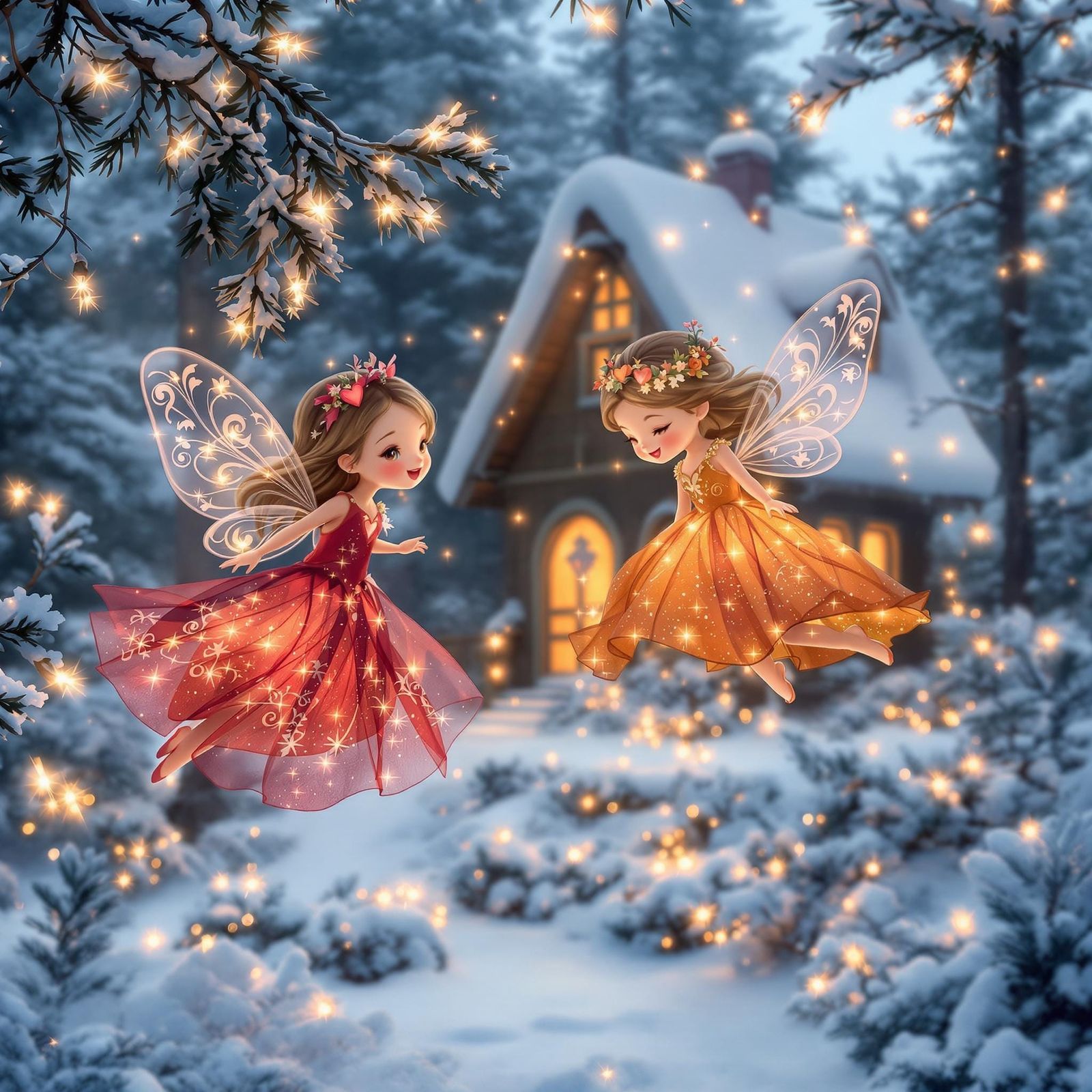 Whimsical Winter Woodland Fairies in Vibrant Colors