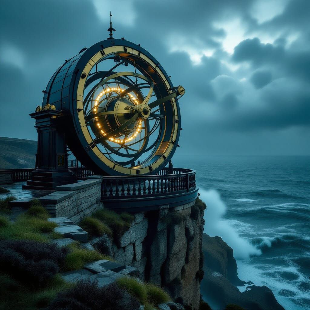 Victorian Observatory with Glowing Orrery on Stormy Coast