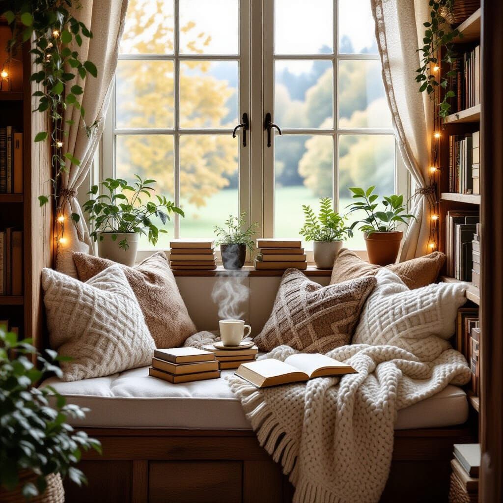 Cozy Reading Nook with Fairy Lights