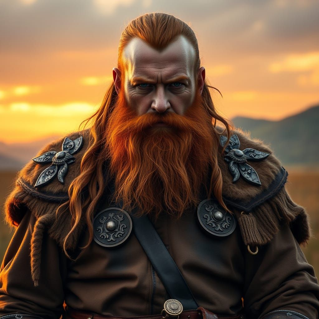 Majestic Red-Bearded Viking Warrior in Sunset